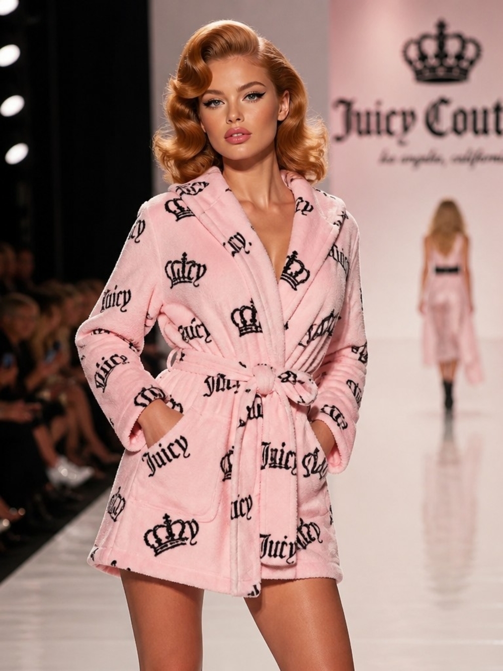 Juicy Couture Pink Plush Logo & Crown Short Wrap Robe with Pockets And Hood